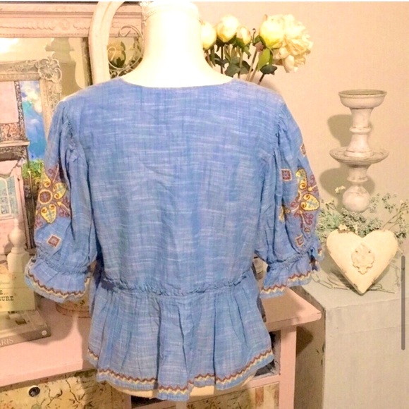NWT!✨$128 Free People Tallulah Embroidered Blouse in Blue Chambray Size Medium! - Picture 9 of 12